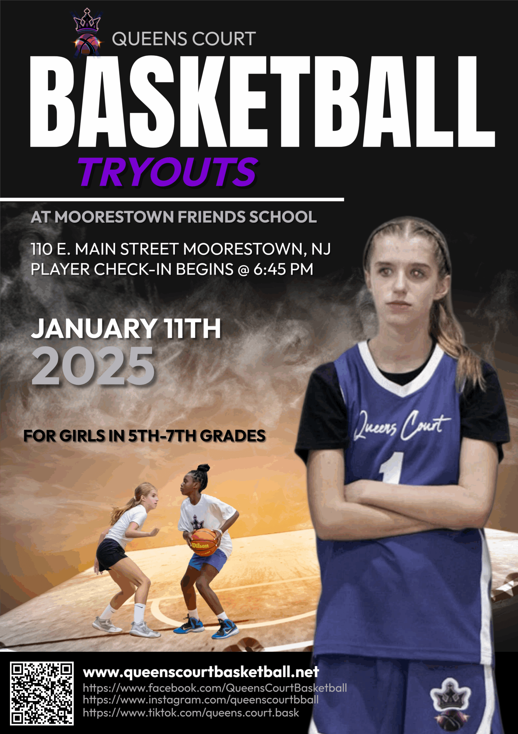 Basketball tryouts announcement for girls at Moorestown Friends School, January 11, 2025.