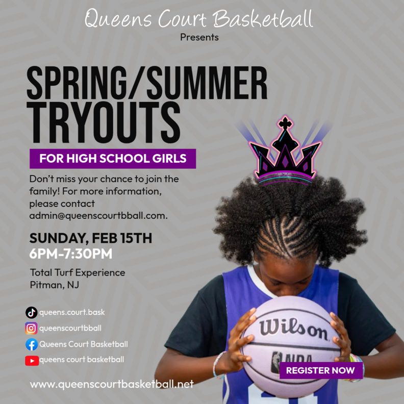 Queens Court girls' basketball tryouts flyer