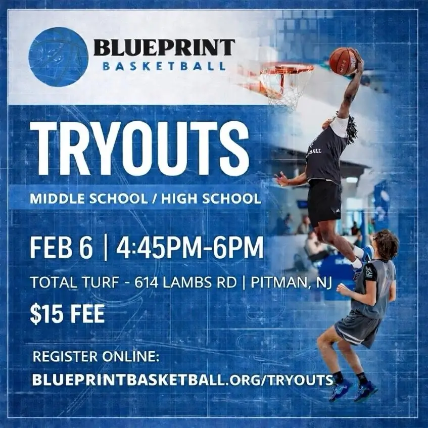 Blueprint Basketball tryouts flyer with dunking player