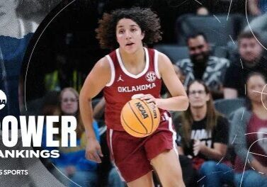 Oklahoma basketball player dribbling toward basket