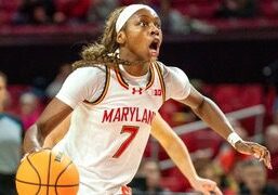 Maryland basketball guard driving toward hoop